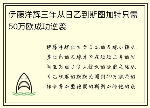 伊藤洋辉三年从日乙到斯图加特只需50万欧成功逆袭