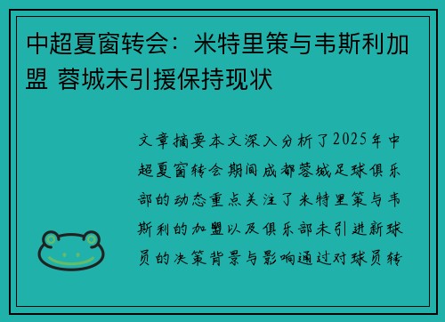 中超夏窗转会：米特里策与韦斯利加盟 蓉城未引援保持现状
