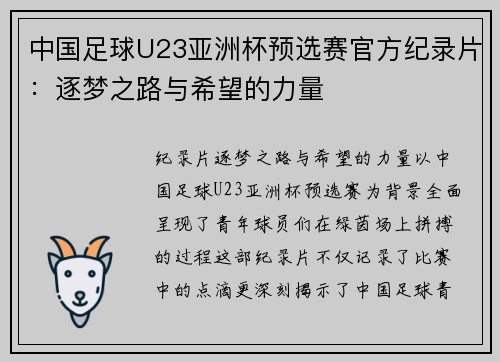 中国足球U23亚洲杯预选赛官方纪录片：逐梦之路与希望的力量